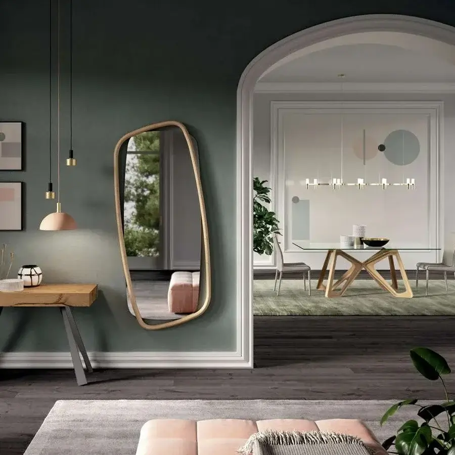 Exceptional Ozzio Italia Golden Wood mirror crafted in solid wood with a light golden finish