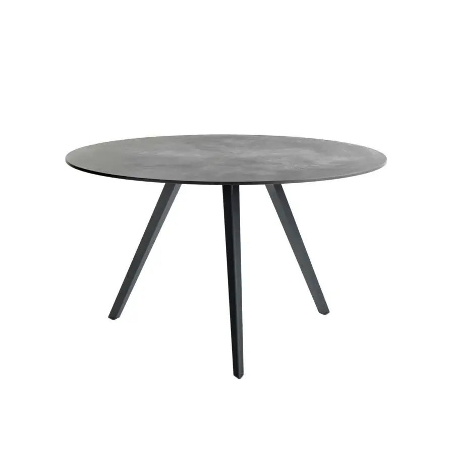 Elegant Potocco Katana indoor table with dark gray embossed painted metal legs and uniform gray porcelain stoneware top