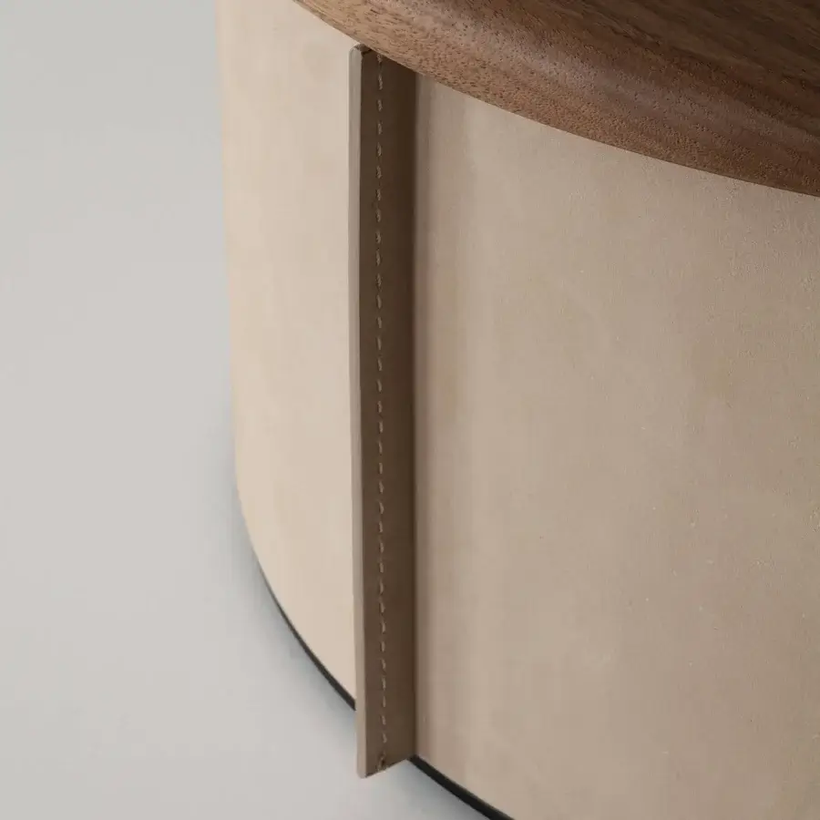 Timeless Cierre1972 Tappo side table with a dark brown wood tabletop and light beige leather-covered base