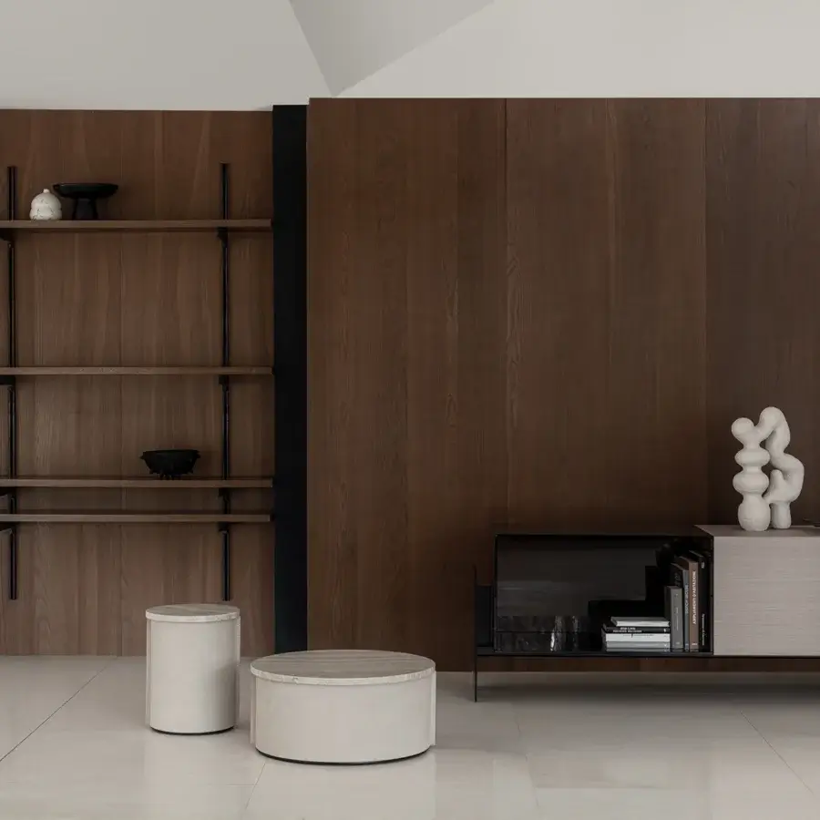 Exceptional Cierre1972 Tappo side table with light beige matte leather and a round marble top showcasing visible grain