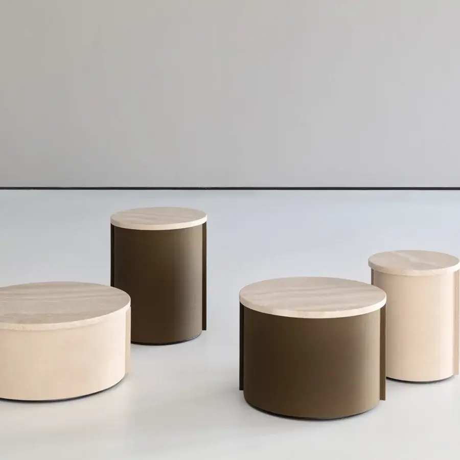 Distinguished Cierre1972 Tappo side table with a brown leather base and stone-like surface exhibiting varied veining crafted in Italy