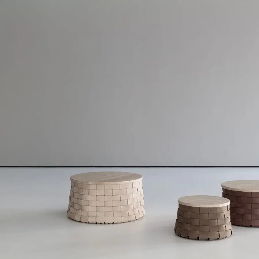 Exceptional Cierre1972 Dama coffee table crafted with light beige woven leather and a light-toned wood top