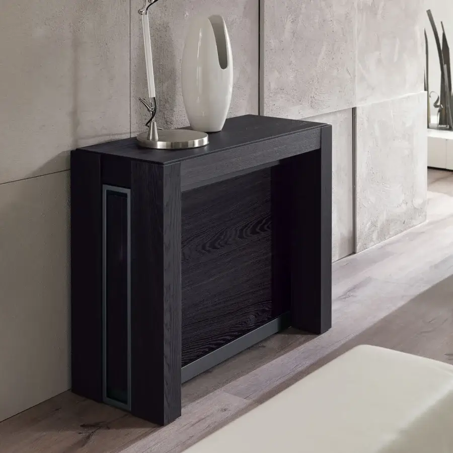 Elegant Ozzio Italia A4 console to table in dark wood with telescopic aluminum mechanism and matte finish