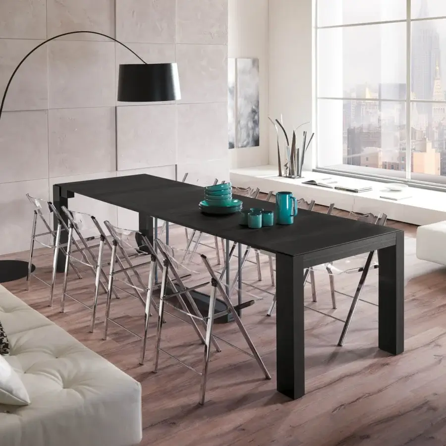Distinguished Ozzio Italia A4 console to table in dark wood with swiveling leg and castors for easy movement