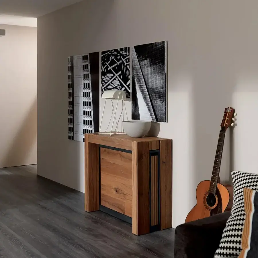 Superior Ozzio Italia A4 console to table crafted in wood with medium-toned brown finish and visible grain