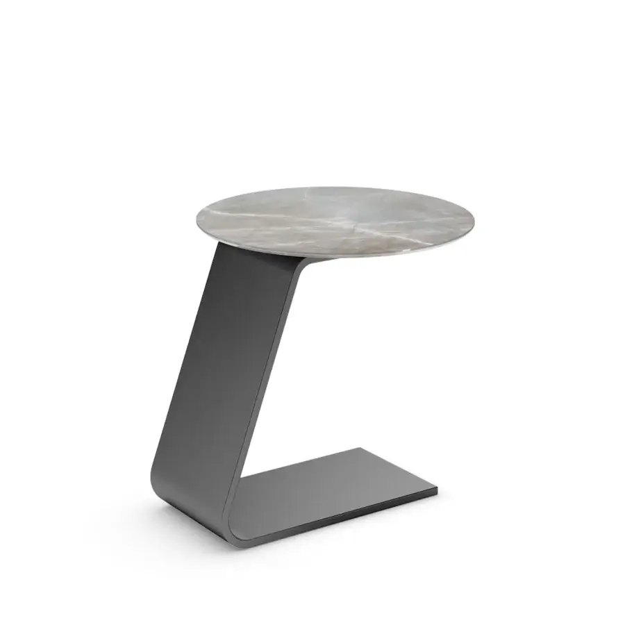 Superior Reflex Oh side table with a curved extra-clear glass base and light grey Marmoreflex top crafted with polished edges