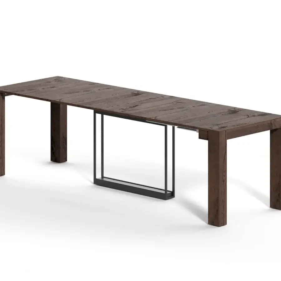 Superior Ozzio Italia A4 console to table built with dark brown wood and a black aluminum telescopic mechanism for adaptable style