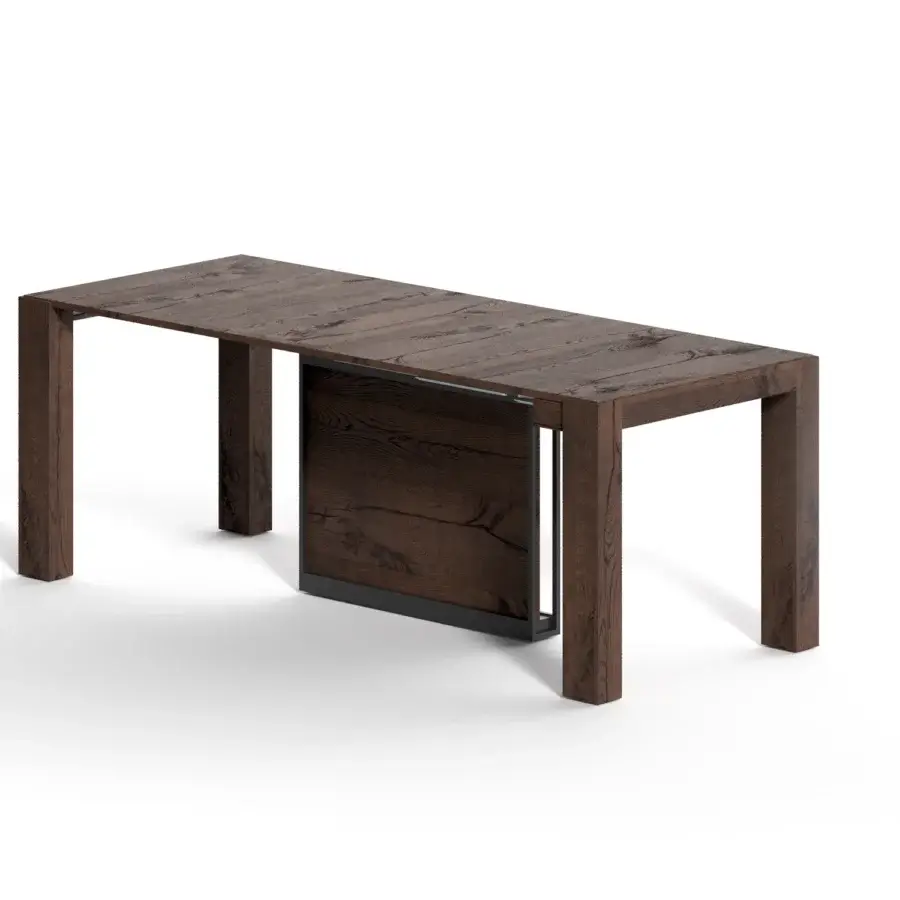 Elegant Ozzio Italia A4 console to table crafted in dark brown wood with a sliding panel and natural wood grain