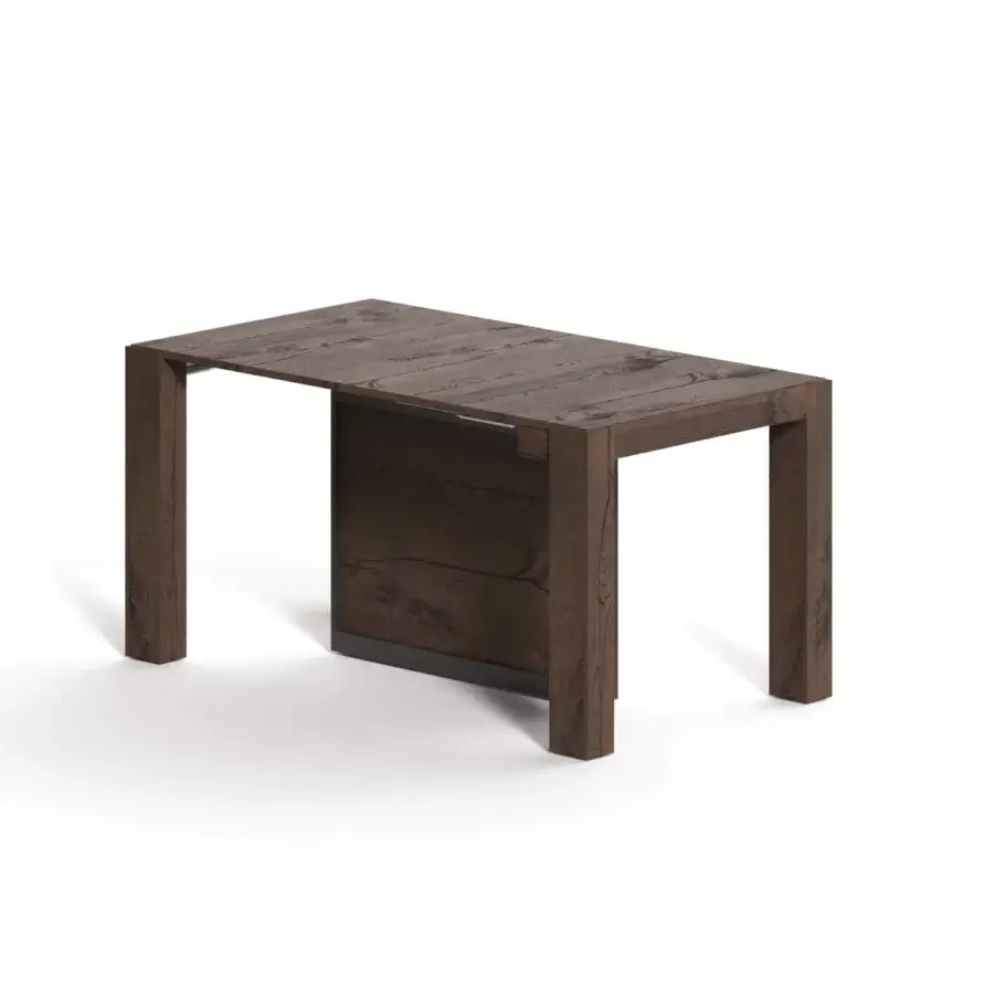 Distinguished Ozzio Italia A4 console to table crafted in dark brown wood grain with a swiveling central leg