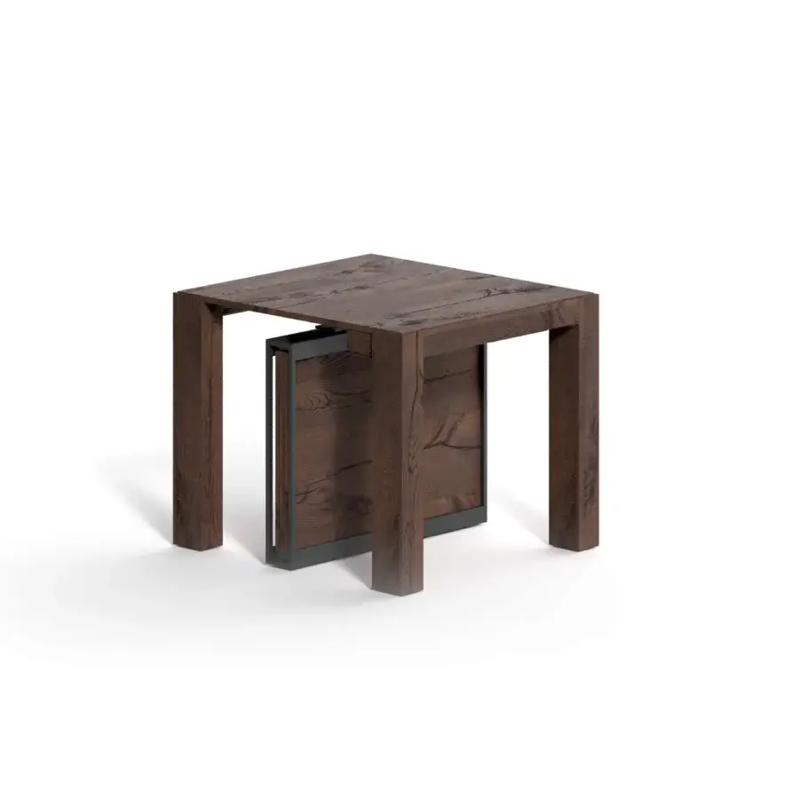 Exceptional Ozzio Italia A4 console to table crafted in dark brown wood with aluminum telescopic mechanism and castors