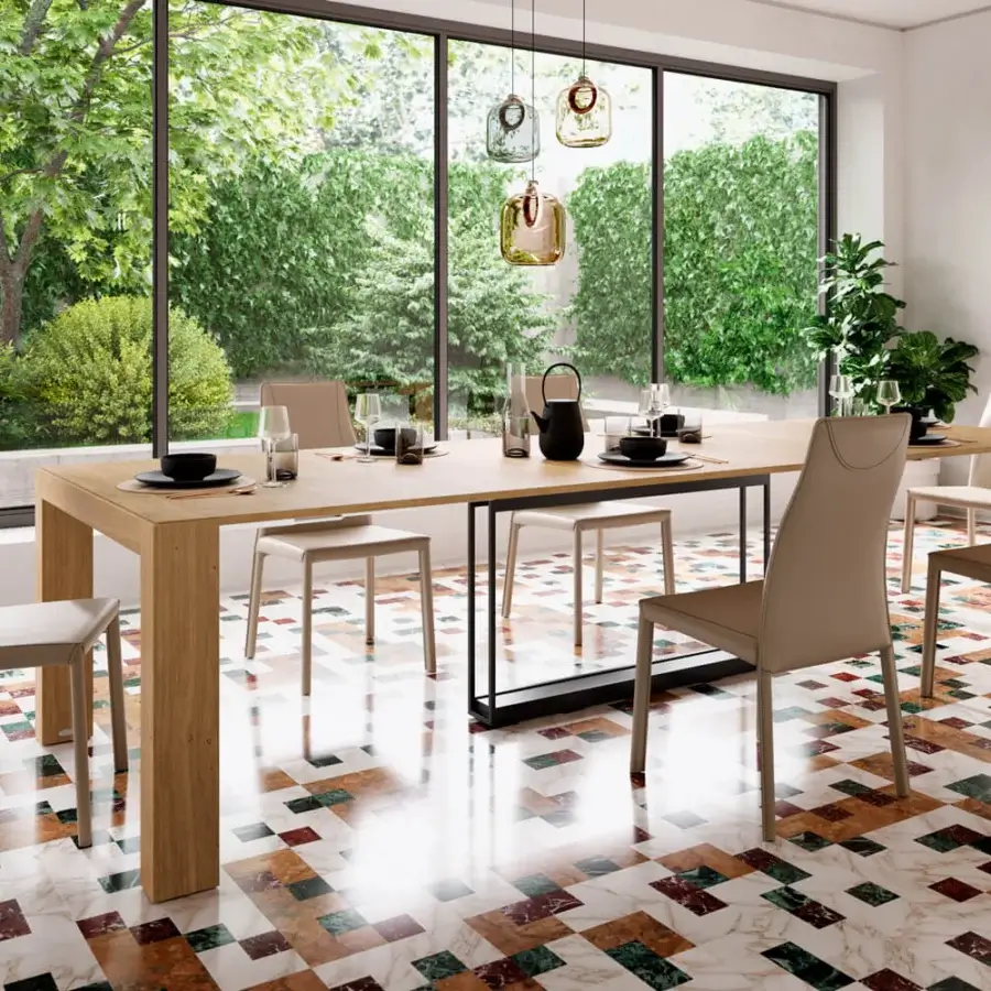 Superior Ozzio Italia A3 console to table crafted in wood with a natural matte finish and hidden aluminum mechanism