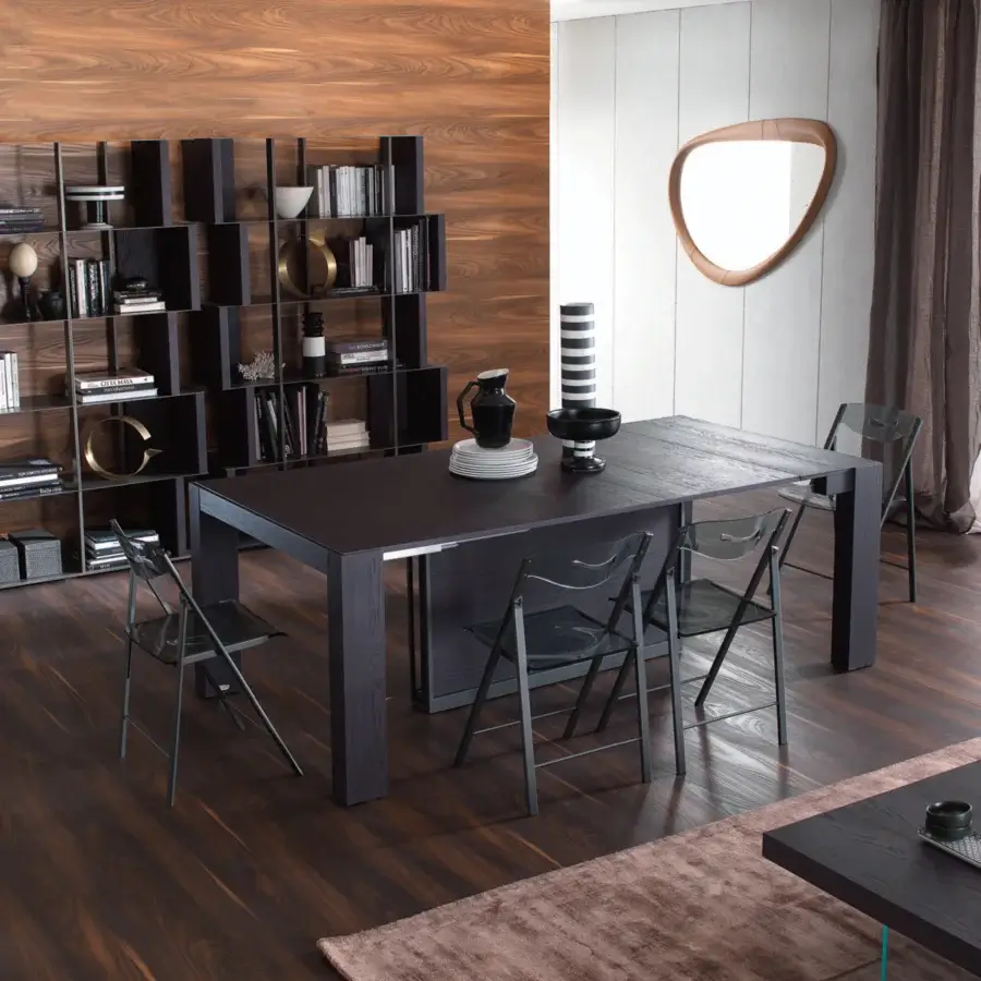 Distinguished Ozzio Italia A3 console to table crafted in wood with a dark grey-brown matte finish and aluminum telescopic mechanism