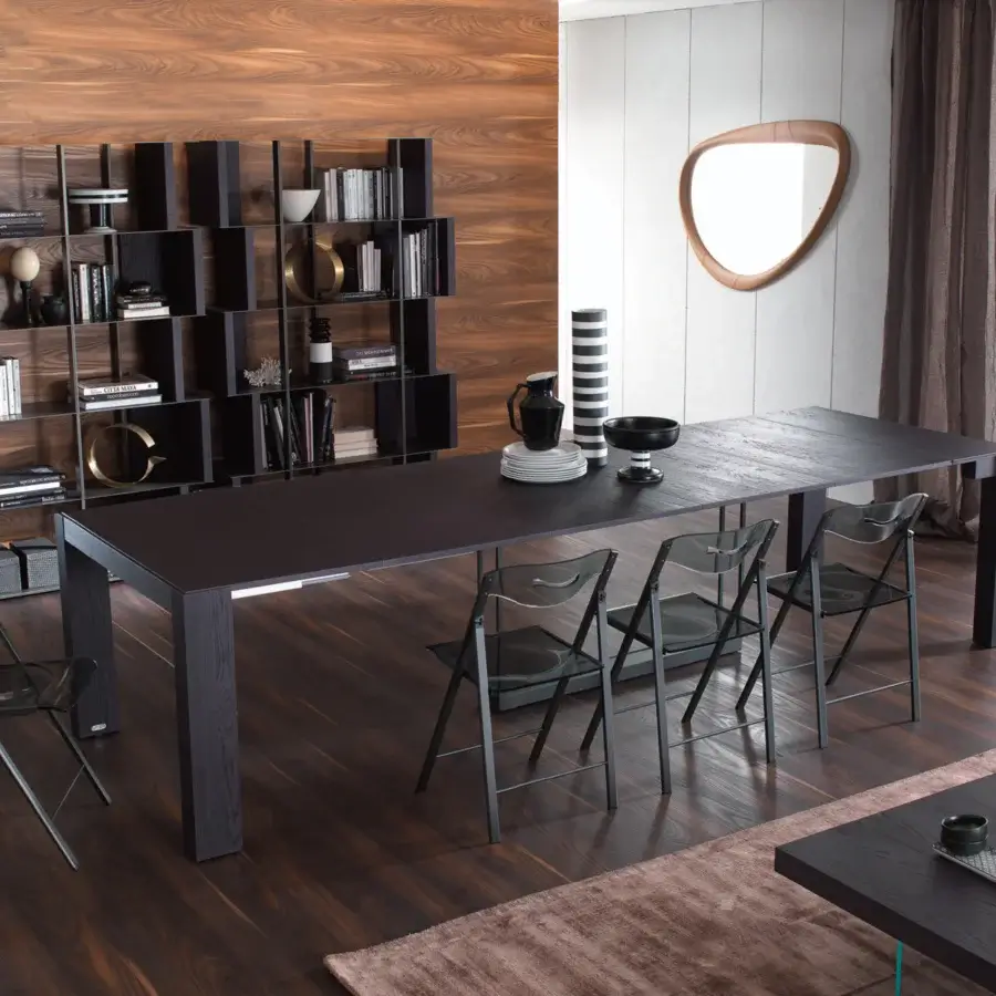 Exceptional Ozzio Italia A3 console to table crafted in wood with a matte finish exhibiting a dark brown color