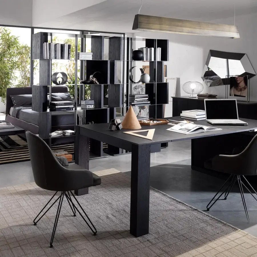 Elegant Ozzio Italia A3 console to table crafted in dark-toned wood with a matte finish offering storage within its geometric form