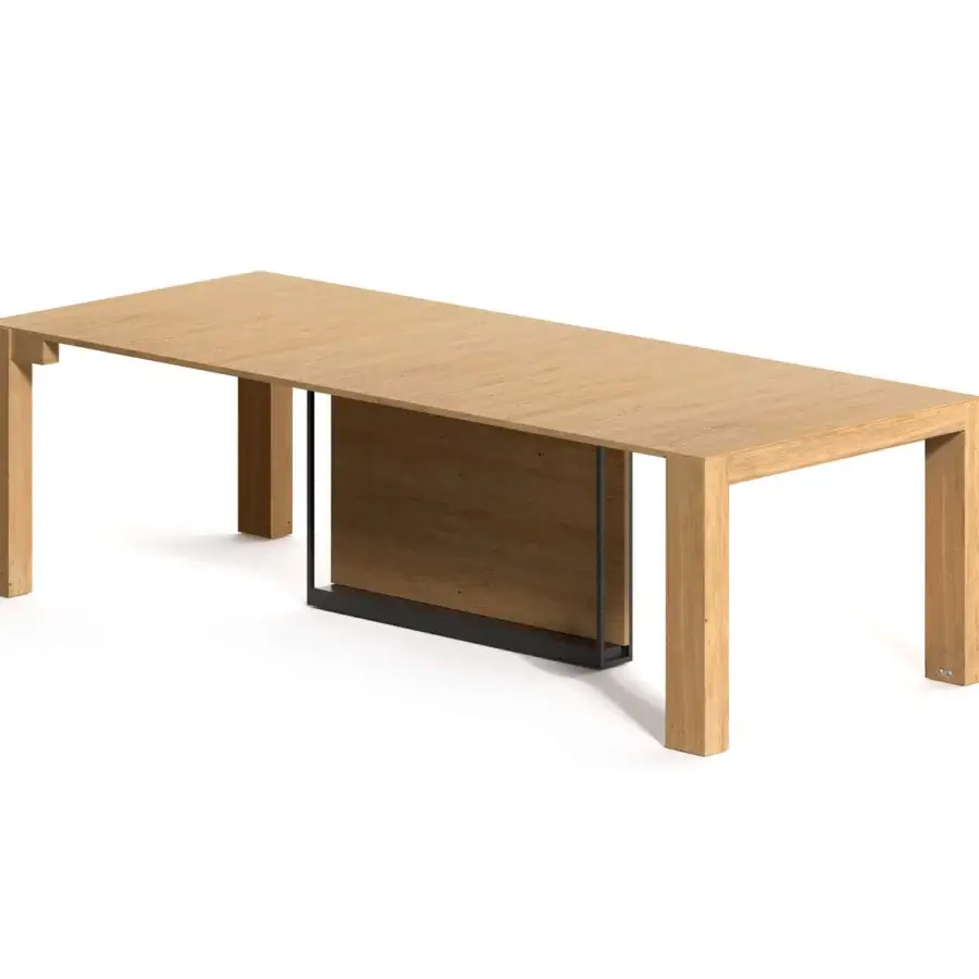 Innovative Ozzio Italia A3 console to table crafted in light brown wood with a dark metal structure and aluminum telescopic mechanism