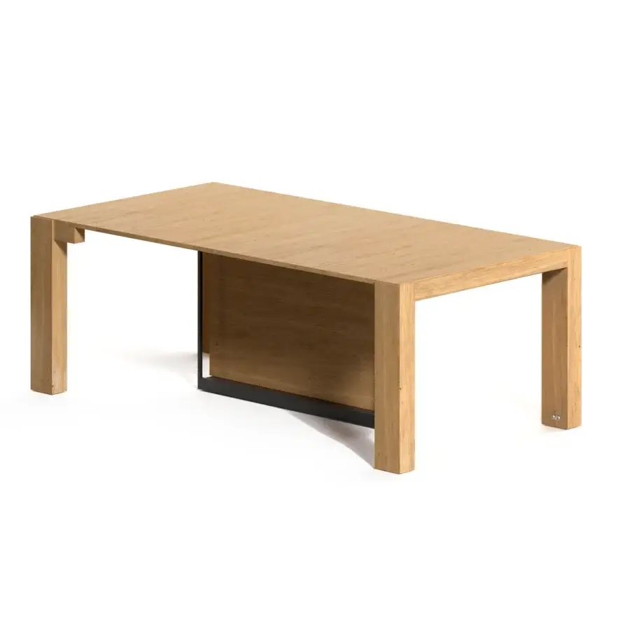 Exceptional Ozzio Italia A3 console to table crafted in light brown wood with a smooth finish and black metal accents