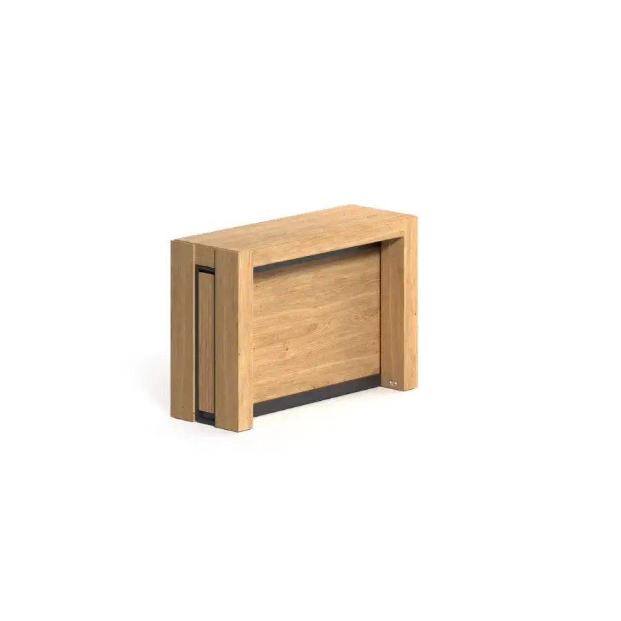 Exceptional Ozzio Italia A3 console to table built in light brown wood with black metal accents and concealed extensions