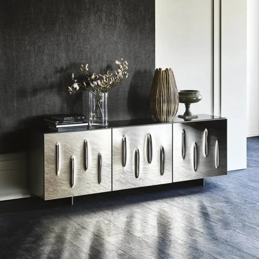 Elegant Cattelan Italia Carnaby sideboard with smoked grey mirrored glass doors and lacquered glossy moka structure built with polished stainless steel feet
