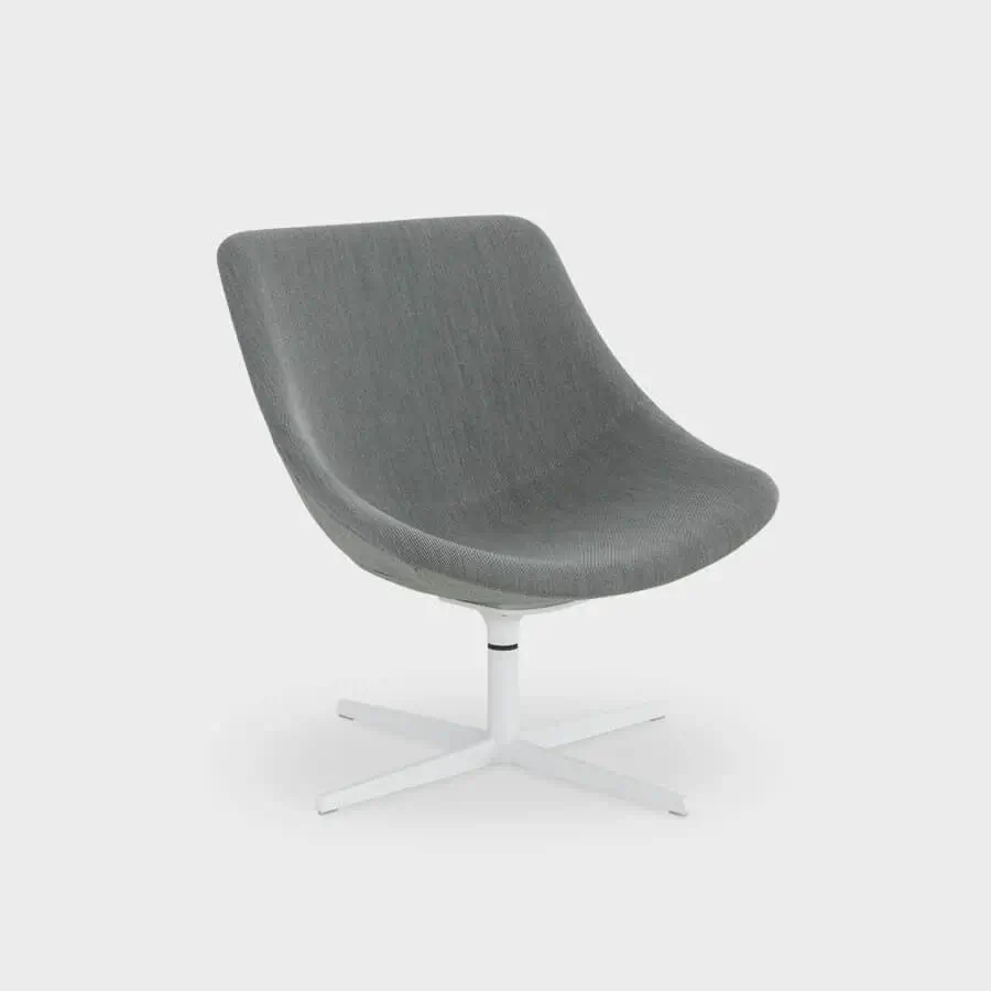 Elegant Lapalma Auki lounge chair with sinuous form upholstered in matte grey textile with white powder-coated aluminum base