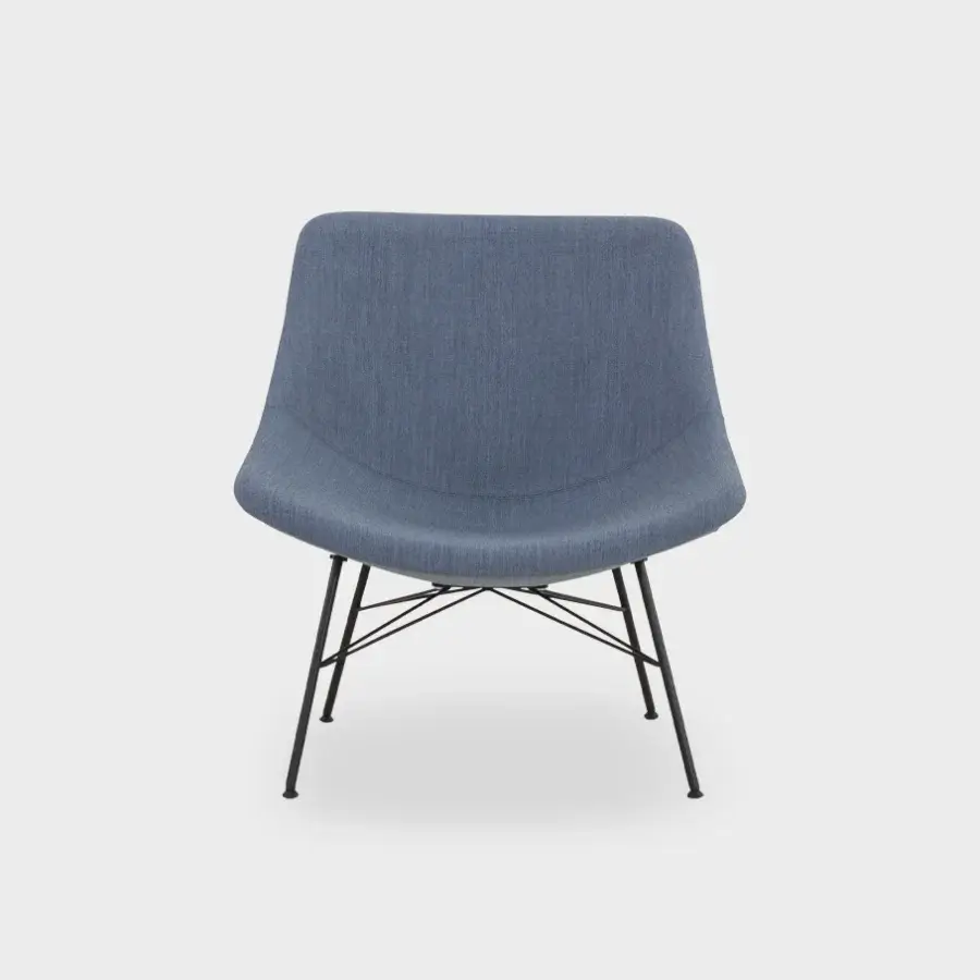 Sophisticated Lapalma Auki lounge chair with sinuous silhouette upholstered in muted blue textile and matte chromed metal base