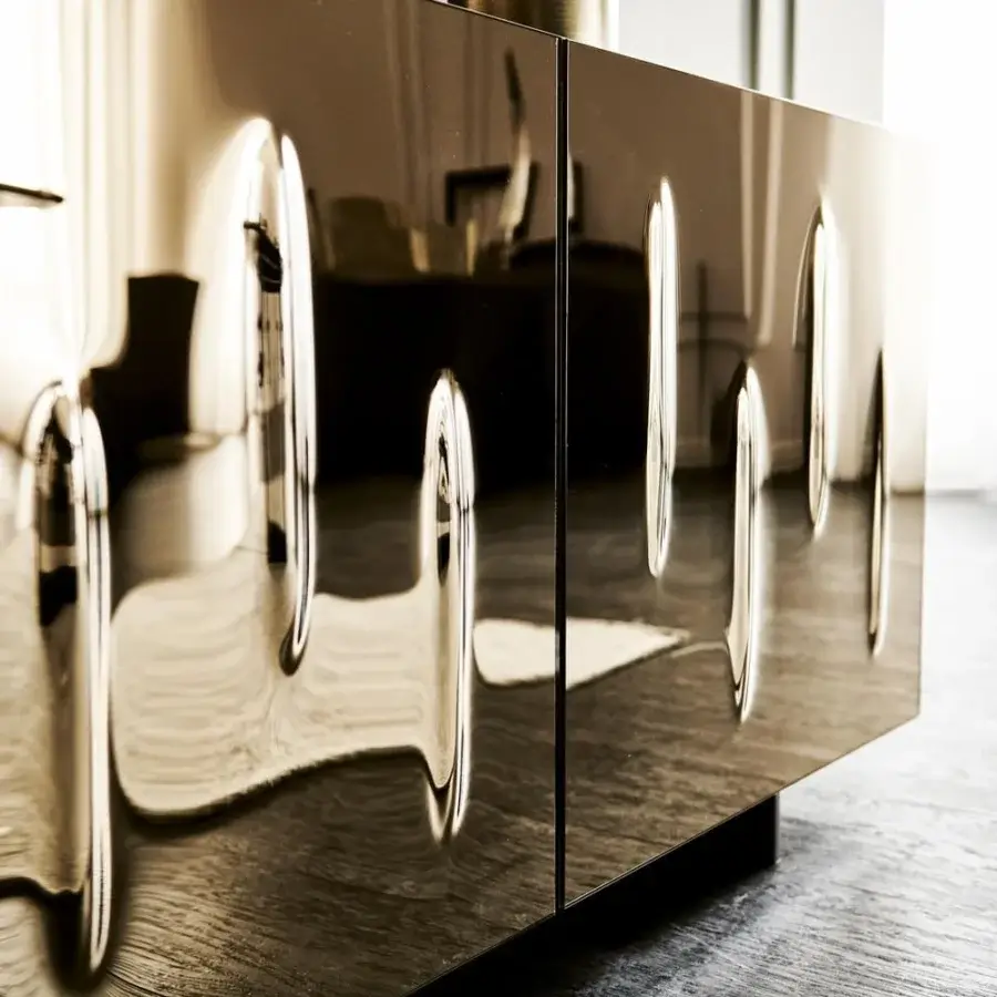 Exclusive Cattelan Italia Carnaby sideboard with smoked grey convex mirrored glass doors and lacquered glossy moka structure built with polished stainless steel feet