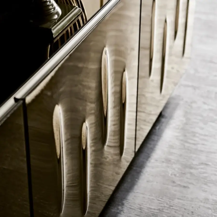 Distinguished Cattelan Italia Carnaby sideboard with glossy moka lacquer and smoked grey convex mirrored glass doors built with titanium aluminum profiles