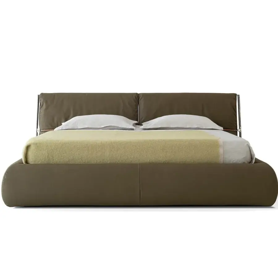 Distinctive Cierre1972 Belt bed with muted brown upholstery, rounded base and chrome framework exhibiting skilled craftsmanship