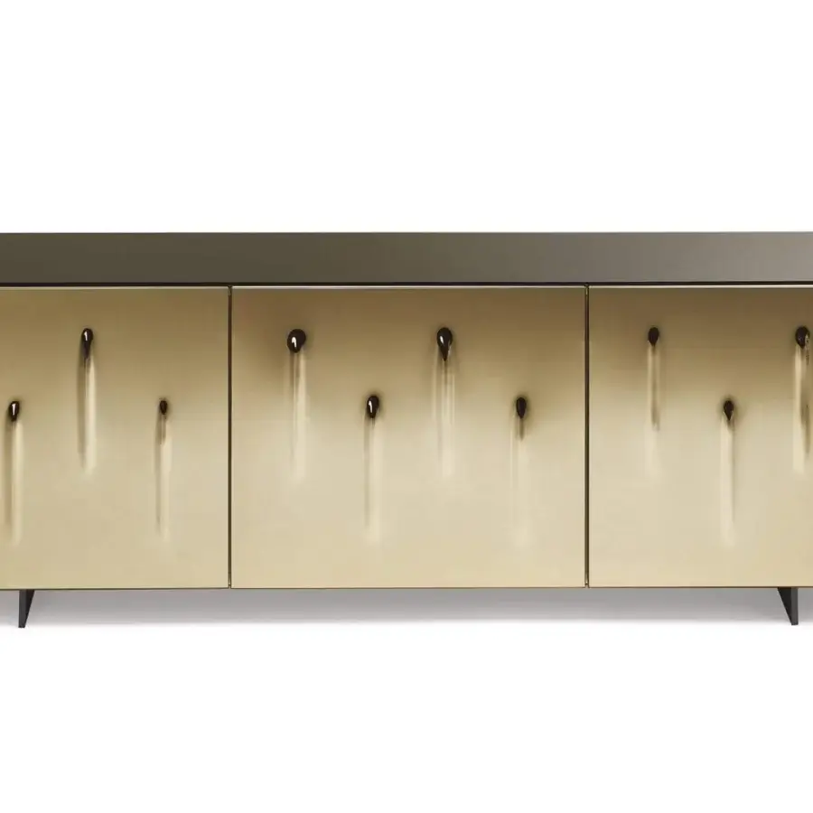 Elegant Cattelan Italia Carnaby sideboard with glossy moka lacquer and bronze convex mirrored glass doors built with titanium aluminum profiles