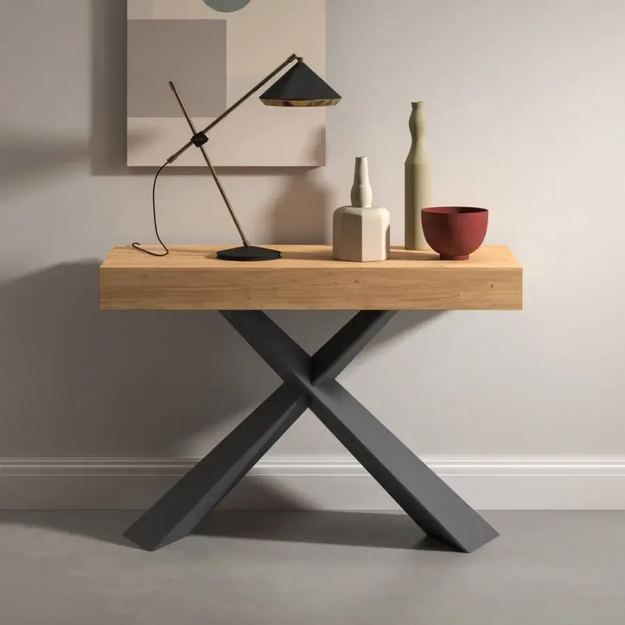 Distinguished Ozzio Italia 4You console to table with light brown wood tabletop and dark gray painted metal X base