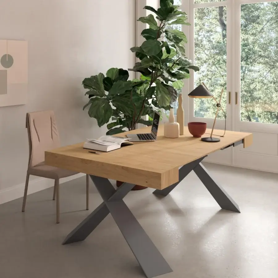 Exceptional Ozzio Italia 4You console to table with light brown wooden tabletop and matte gray painted metal base with intersecting supports