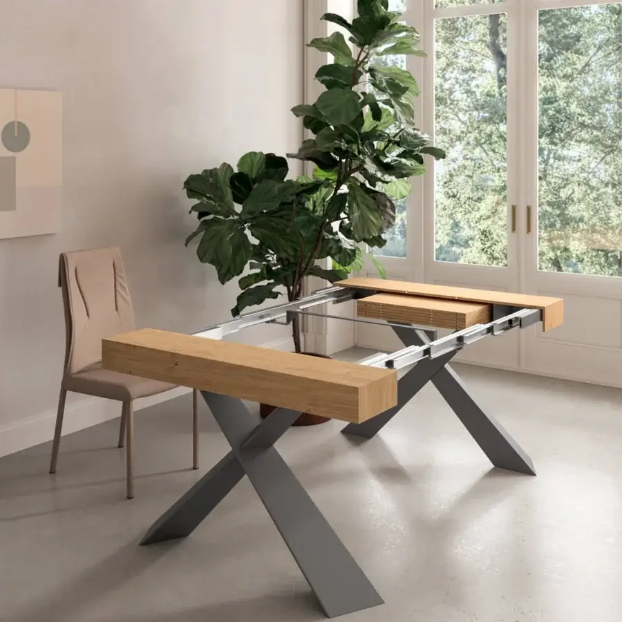 Elegant Ozzio Italia 4You console to table with light brown matte finish and smooth gray painted metal base