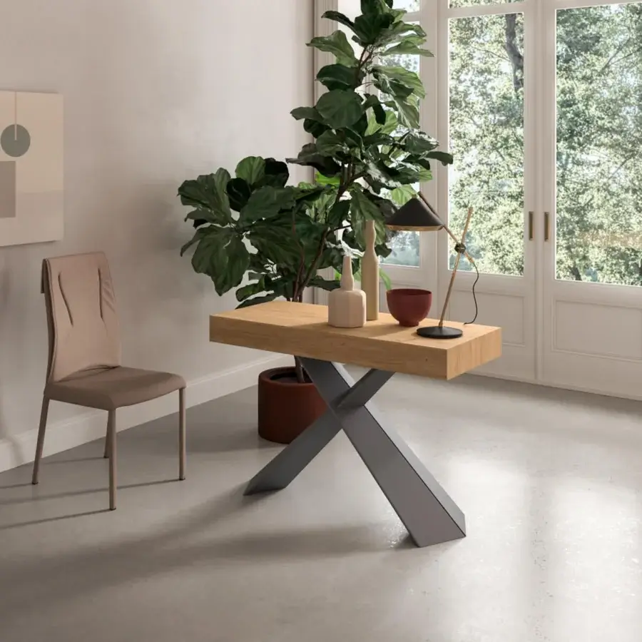 Superior Ozzio Italia 4You console to table with light brown wooden top and intersecting grey painted metal base