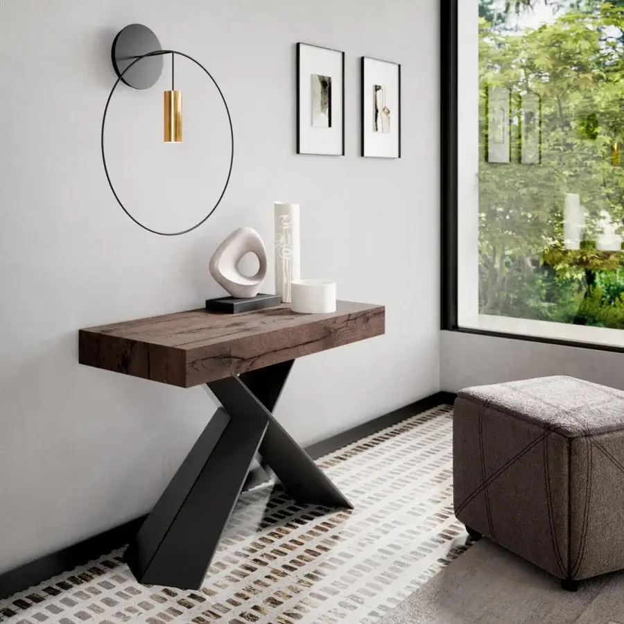 Distinguished Ozzio Italia 4You console to table with dark wood tabletop and matte black painted metal base exhibiting an X design