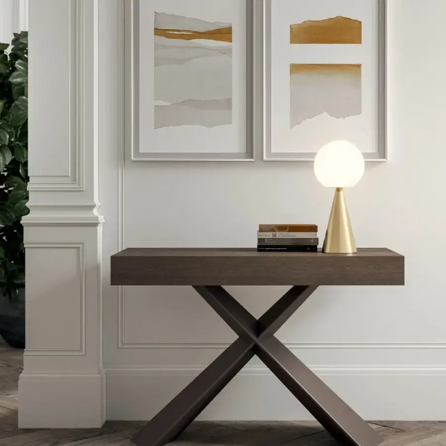 Exceptional Ozzio Italia 4You console to table with dark brown tabletop and painted metal X-shaped base in matte finish