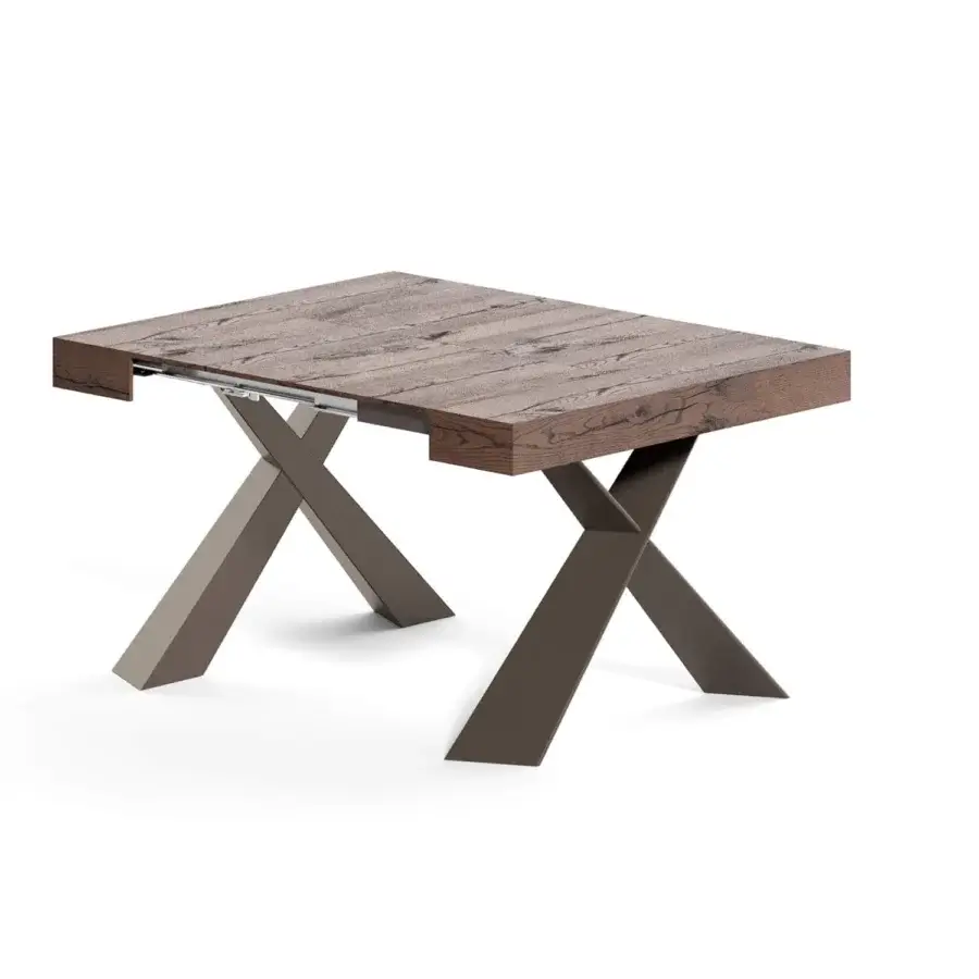 Distinguished Ozzio Italia 4You console to table built with dark brown wood and an X-shaped metal base with a patented sliding mechanism