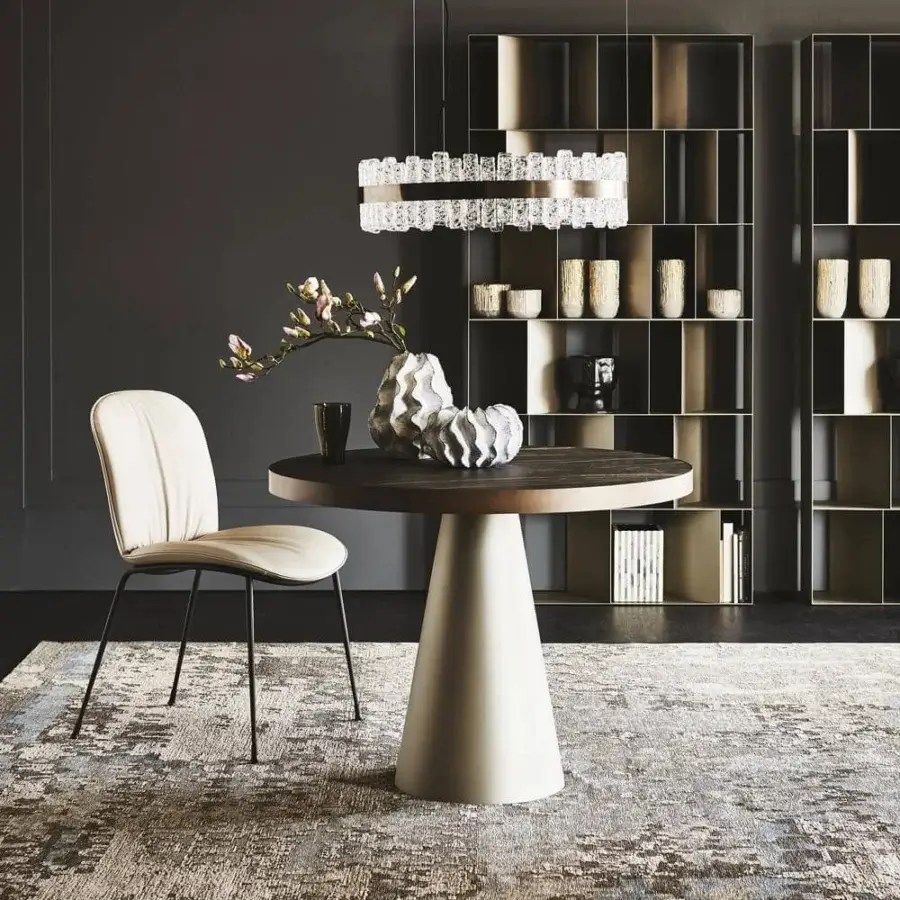 Exceptional Cattelan Italia Saturno table with Marmi Alabastro ceramic top and titanium embossed lacquered steel base
