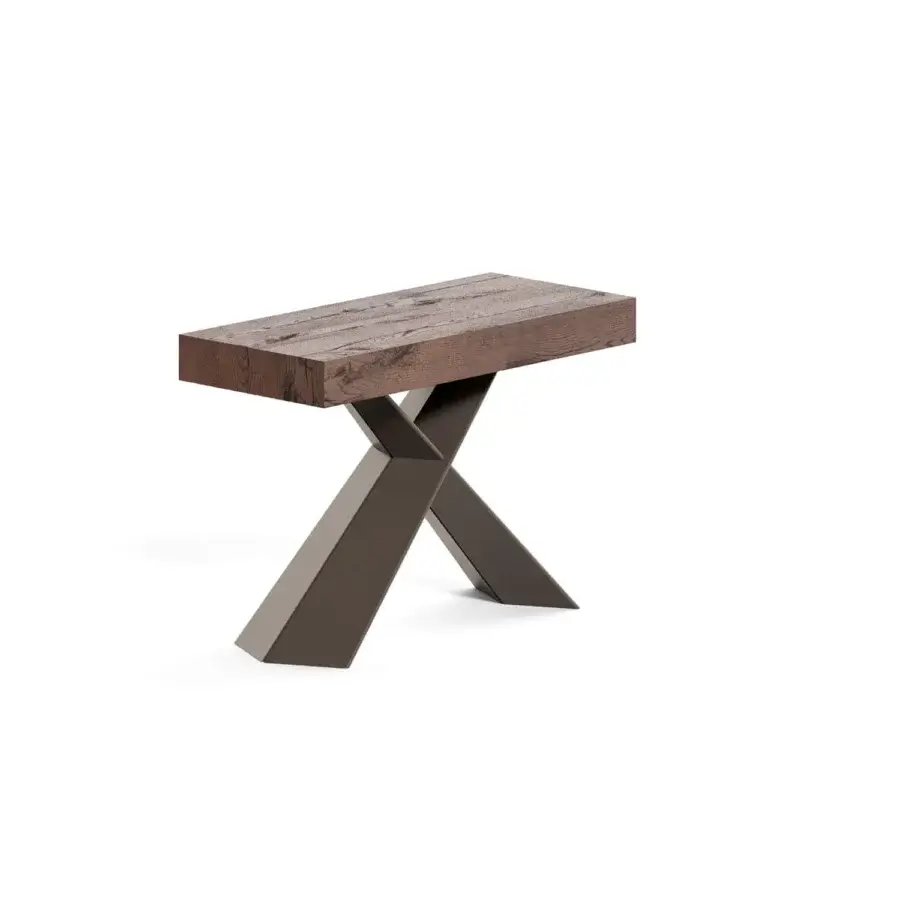 Elegant Ozzio Italia 4You console to table with rich brown wood and painted metal supporting an “X” design