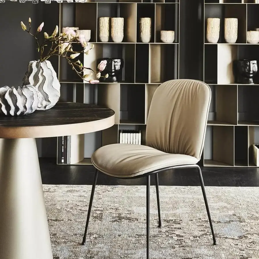 Exclusive Cattelan Italia Tina chair with light beige fabric upholstery and graphite embossed lacquered steel frame