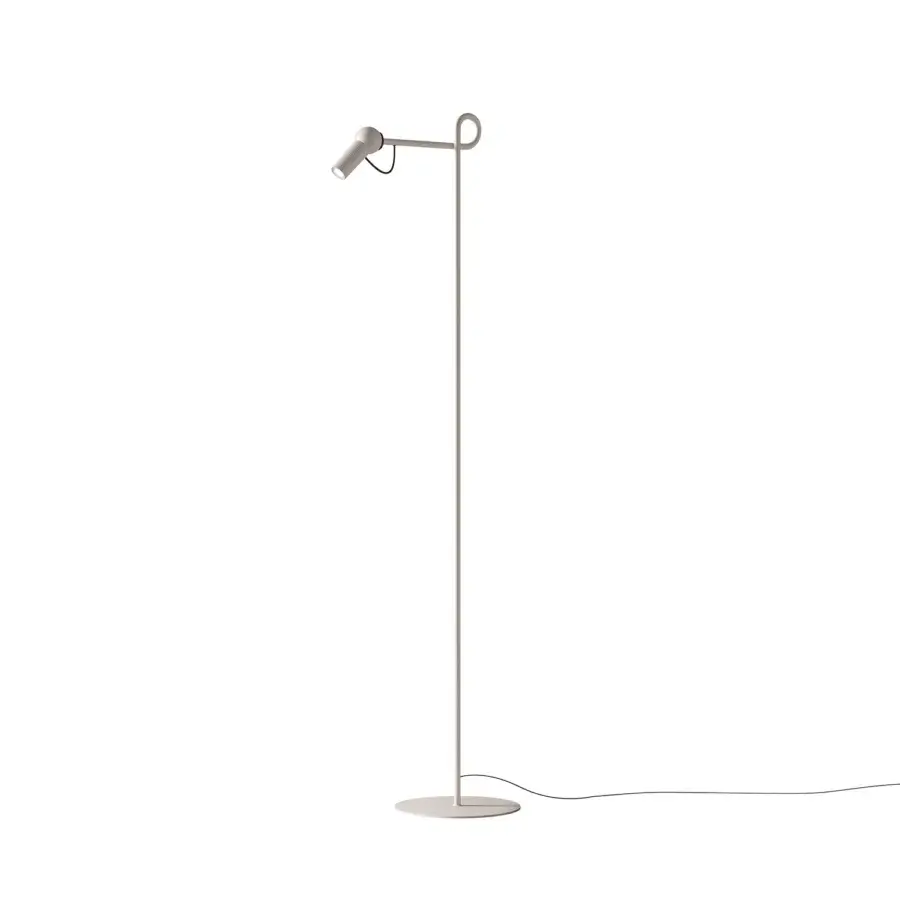 Distinguished Kundalini Bird floor lamp in neutral beige coated metal with varnished aluminum head and discreet magnetic design
