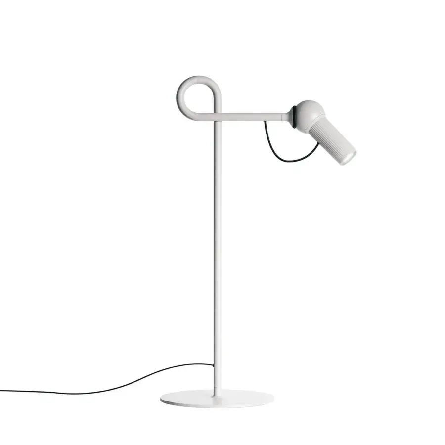 Elegant Kundalini Bird table lamp with die-cast varnished aluminum head and premium coated metal structure in matte white finish