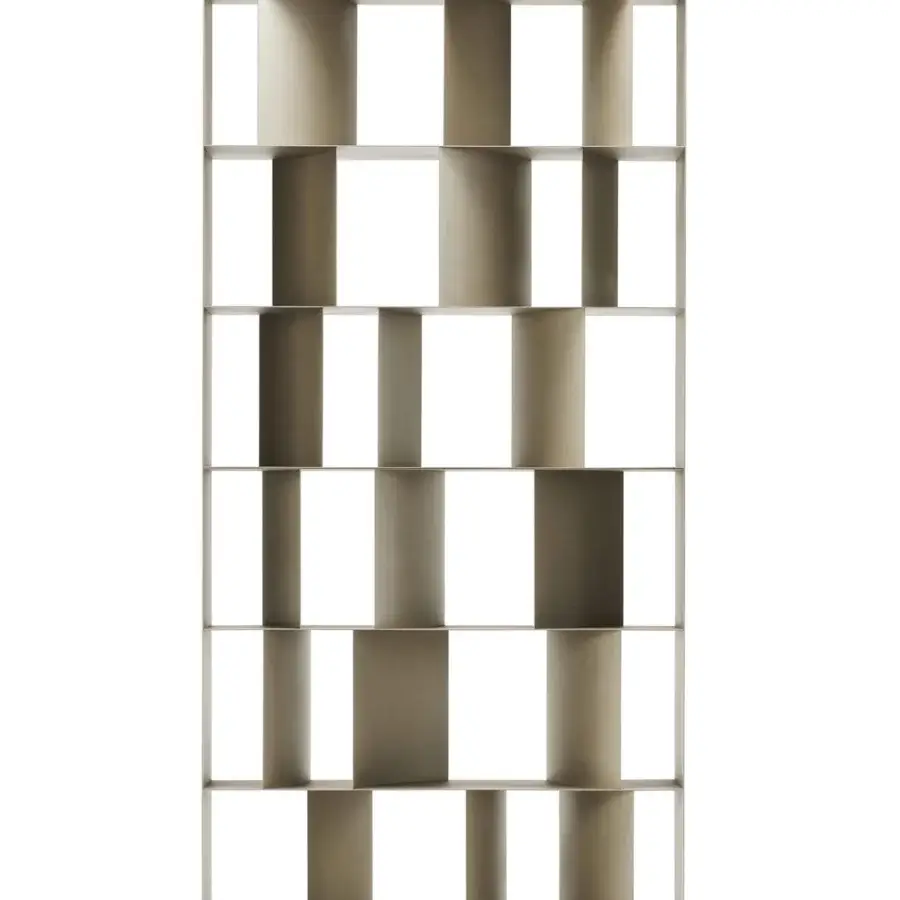 Elegant Cattelan Italia Nautilus bookcase with a modular grid built in graphite embossed lacquered steel and warm gray finish