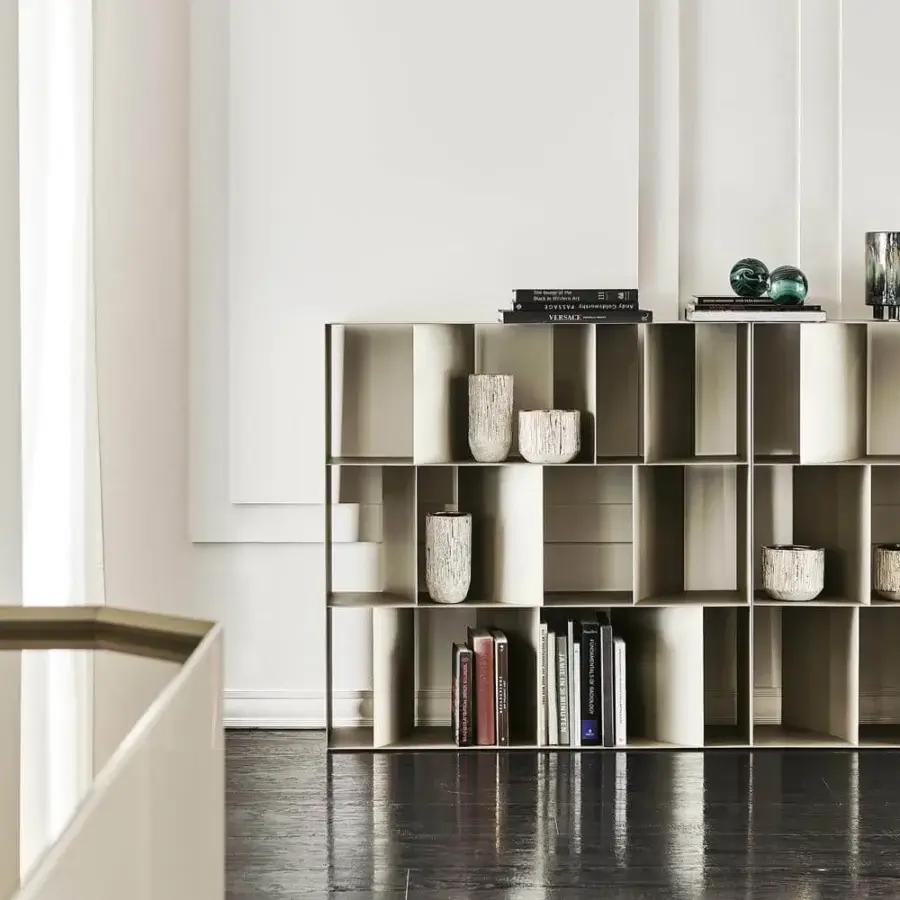 Superior Cattelan Italia Nautilus bookcase crafted in embossed lacquered steel with a pearl finish and geometric silhouette