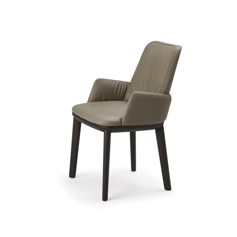 Exceptional Cattelan Italia Belinda chair with burned oak stained ash wood frame and soft muted greyish-brown leather upholstery