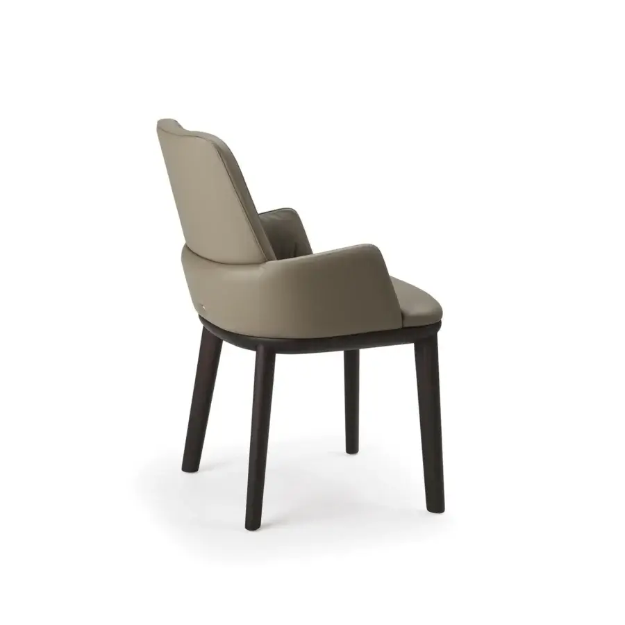 Lavish Cattelan Italia Belinda armchair with burned oak stained ash wood frame and light grayish-taupe soft leather upholstery