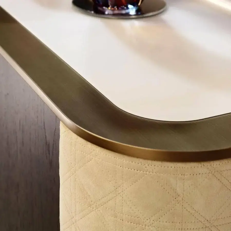 Elegant Reflex San Marco TV stand with Canaletto Henné wood, quilted light beige textile and satin brass marble glass top