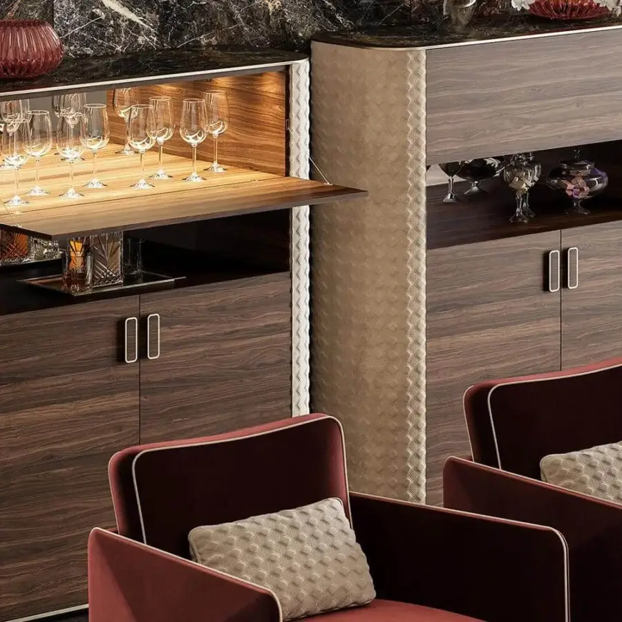 Superior Reflex San Marco cupboard with Canaletto Henné wood, quilted leather sides, and satin brass marble glass top