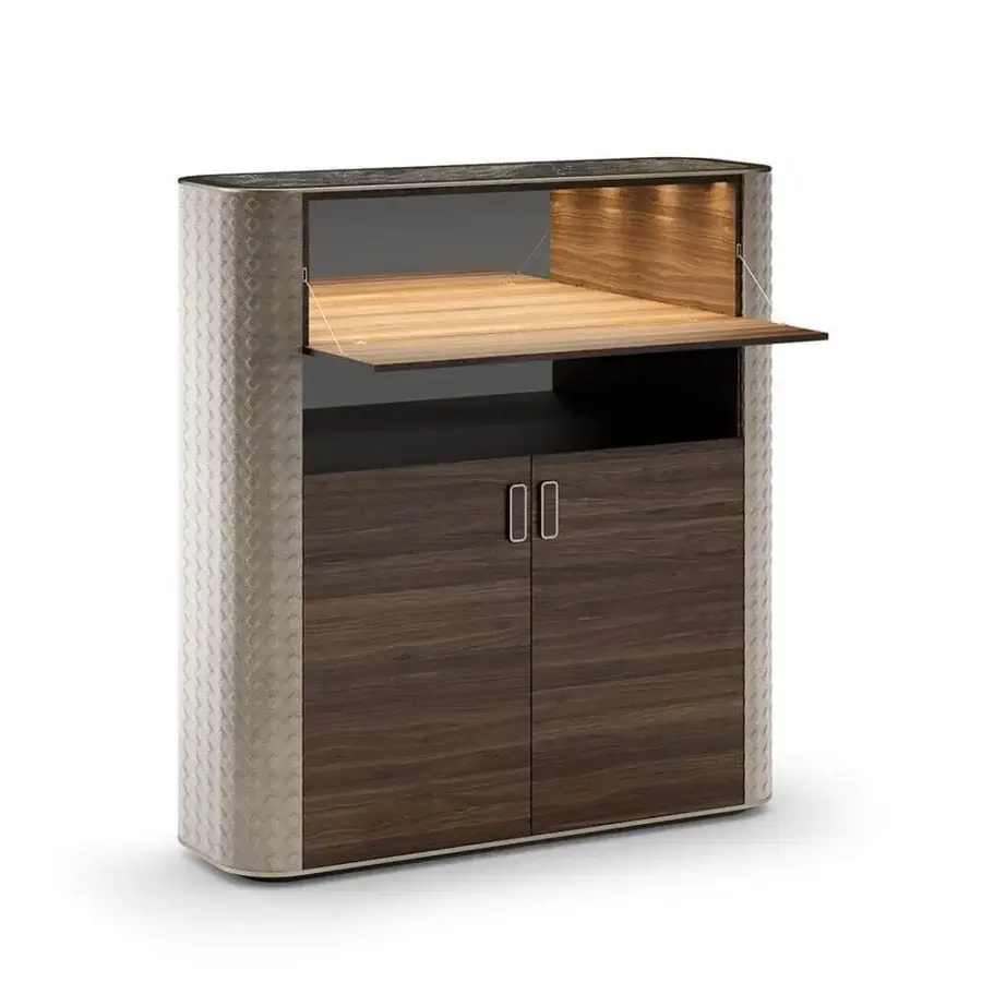 Distinguished Reflex San Marco cupboard with Canaletto Henné wood and quilted light beige leather, exhibiting a dark brown wood grain finish