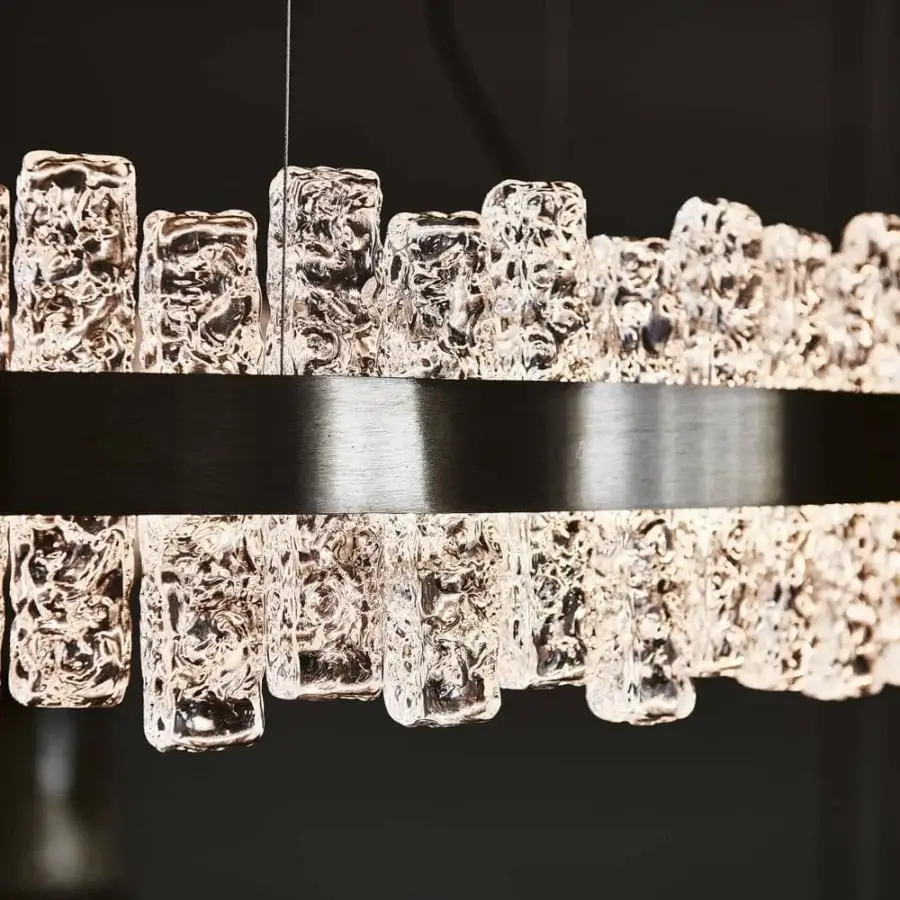 Luxury Cattelan Italia Phoenix suspension lamp with textured clear handmade glass elements and brushed steel band