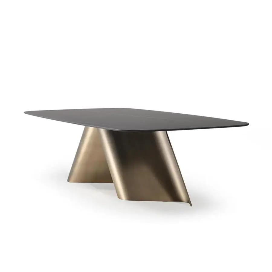 Sophisticated Reflex Esse table with curved extra clear glass base in Bronze finish and dark gray polished glass top