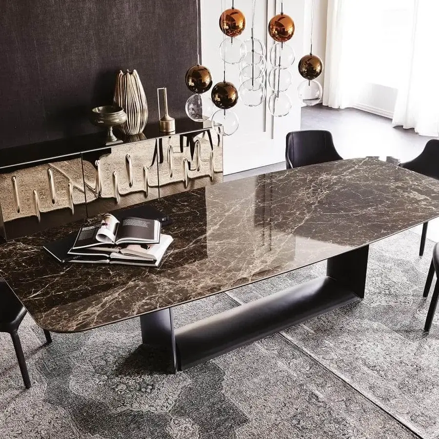Distinguished Cattelan Italia Dragon table with glossy Portoro ceramic marmi top and graphite embossed lacquered steel base